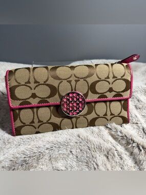 Coach Signature Canvas Checkbook Wallet Brown Tan Pink Trim Snap Closure